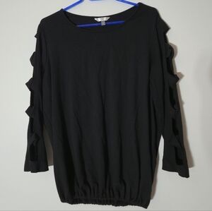 Terra & Sky Black Lattice Cut Out Sleeve Knit Sweater Plus Size 1X 16W-18W Soot